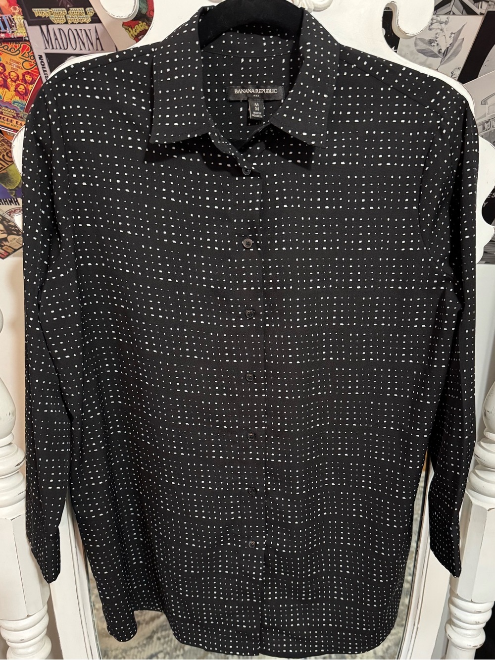 Banana Republic Black Button-Up Shirt with White Micro Dot Grid